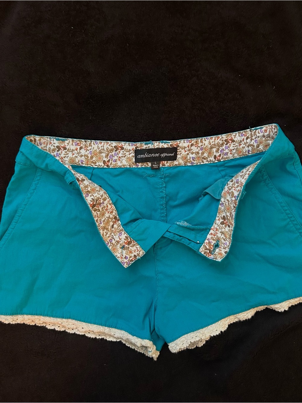 Ambiance Teal Floral-Trim High Waist Women’s Shorts